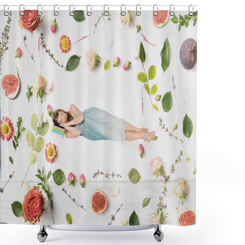 Personality   Girl In Blue Dress Sleeping On Book In Air Among Flowers Illustration Shower Curtains