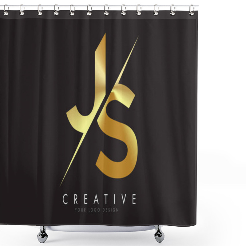 Personality  JS J S Golden Letter Logo Design With A Creative Cut. Creative Logo Design With Black Background. Shower Curtains