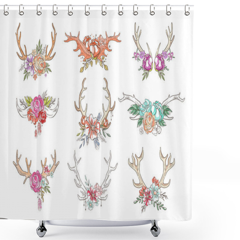 Personality  Deer Horns With Flowers And Plants Set, Hand Drawn Floral Composition With Antlers Vector Illustrations Isolated On A White Background. Shower Curtains