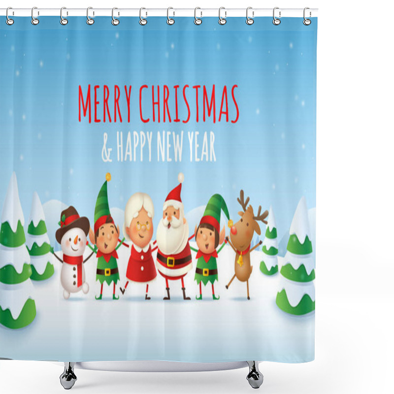 Personality  Happy And Cute Santa Claus, Mrs Claus, Elves, Reindeer And Snowman Celebrate Winter Holidays - Merry Christmas And Happy New Year Shower Curtains