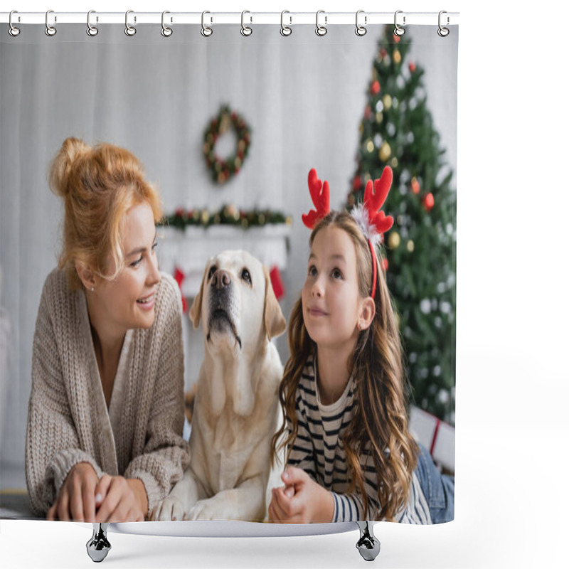 Personality  Smiling Mom Looking At Daughter With Christmas Headband Near Labrador At Home  Shower Curtains