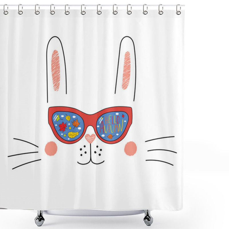 Personality  Hand Drawn Cute Cartoon Funny Bunny In Sunglasses With Reflected Falling Leaves Inside Lenses And Text Hello Autumn, Vector, Illustration Shower Curtains