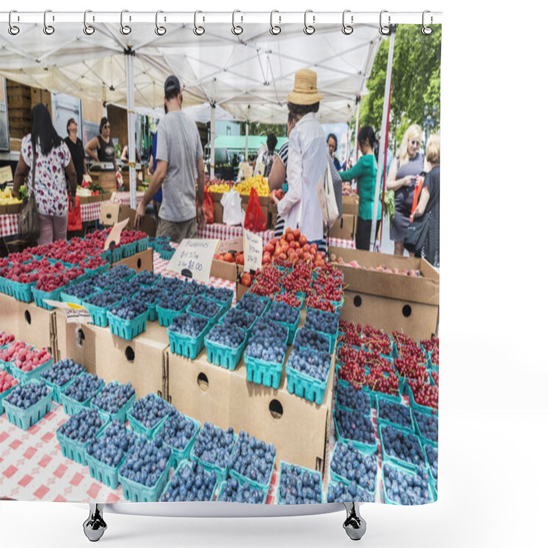 Personality  New York City, USA - July 26, 2018: Farmers Market At Brooklyn Borough Hall Greenmarket In Downtown Brooklyn With People Choosing Fruit And Vegetables In Manhattan In New York City, USA Shower Curtains