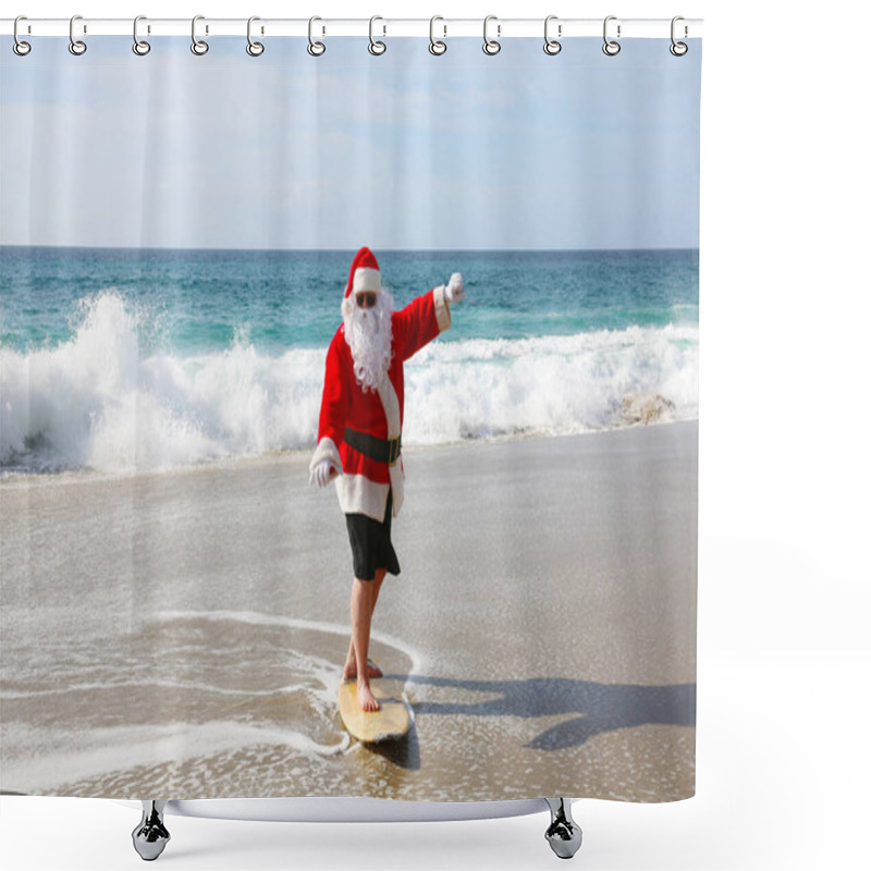 Personality  Surfing Santa Claus. Christmas. Christmas Vacation. Surfing Santa. Surf Board. Hang Ten. Santa Claus Rides The Waves While On Vacation. Santa Surfs Before Christmas Eve. Santa Claus And Surf Board. Santa Claus Surfs On His Surf Board. Surfs Up. Shower Curtains