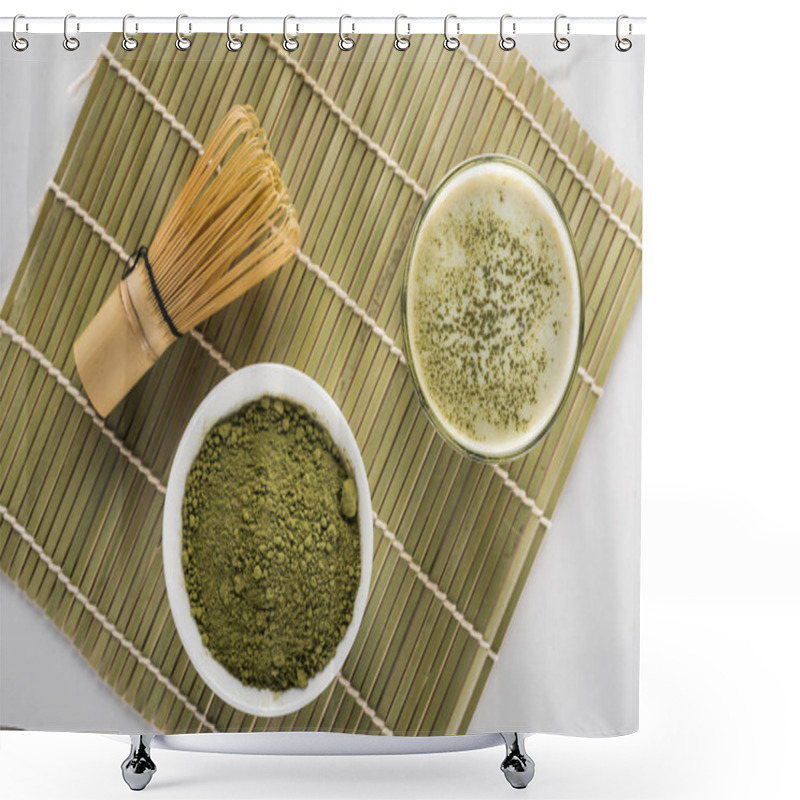 Personality  Top View Of Green Matcha Tea Powder And Drink In Glass On Bamboo Mat Shower Curtains