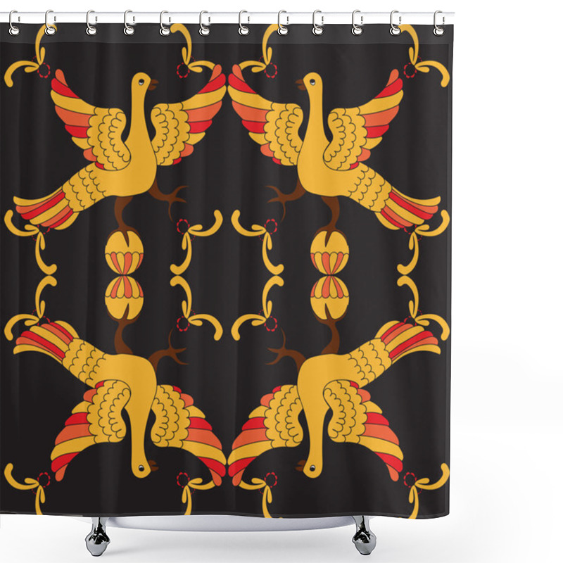 Personality  Ornamental Vector Seamless Pattern With Mythological Birds. Yellow And Red Fairy Birds On The Black Background. Hohloma Style. Folkloric Motive. Fairy Tales, Stories, Myths And Legends Decoration. Shower Curtains