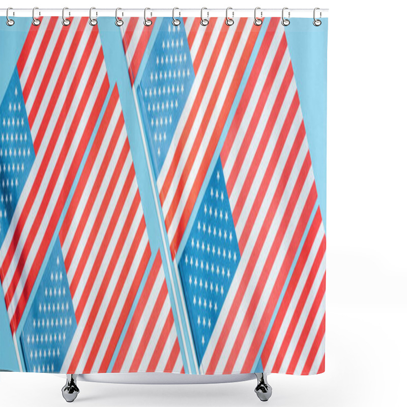 Personality  Flat Lay With American Flags On Sticks On Blue Background, Panoramic Shot  Shower Curtains