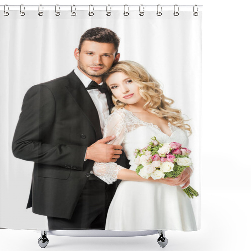 Personality  Beautiful Young Bride And Groom Embracing And Looking At Camera Isolated On White Shower Curtains