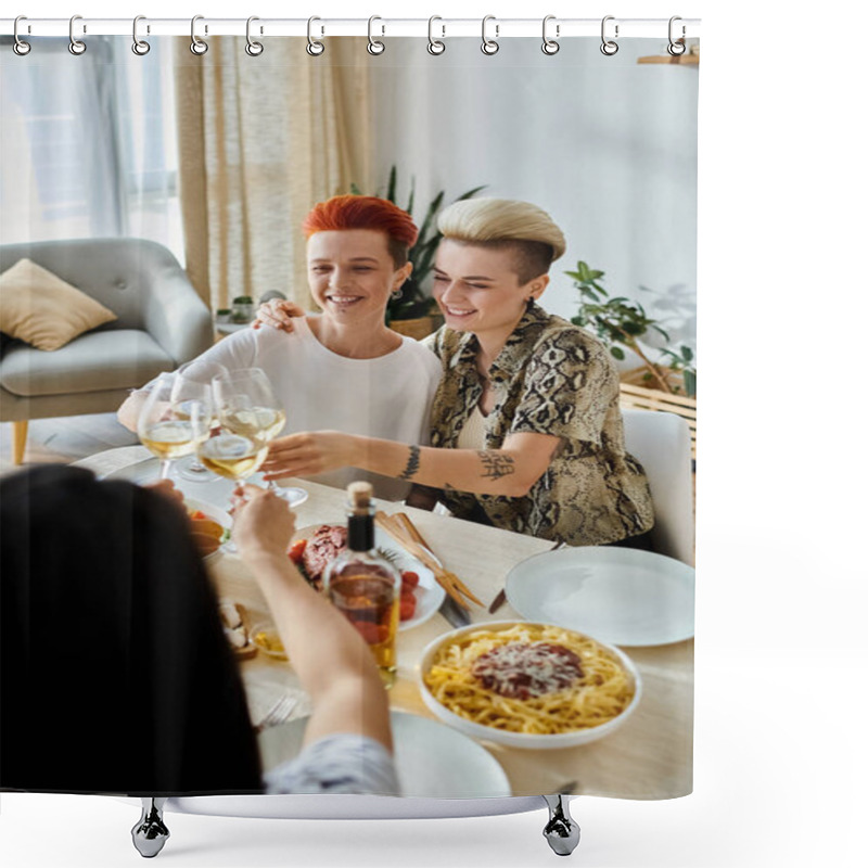 Personality  Diverse Group Enjoying Food And Drinks At The Table. Shower Curtains