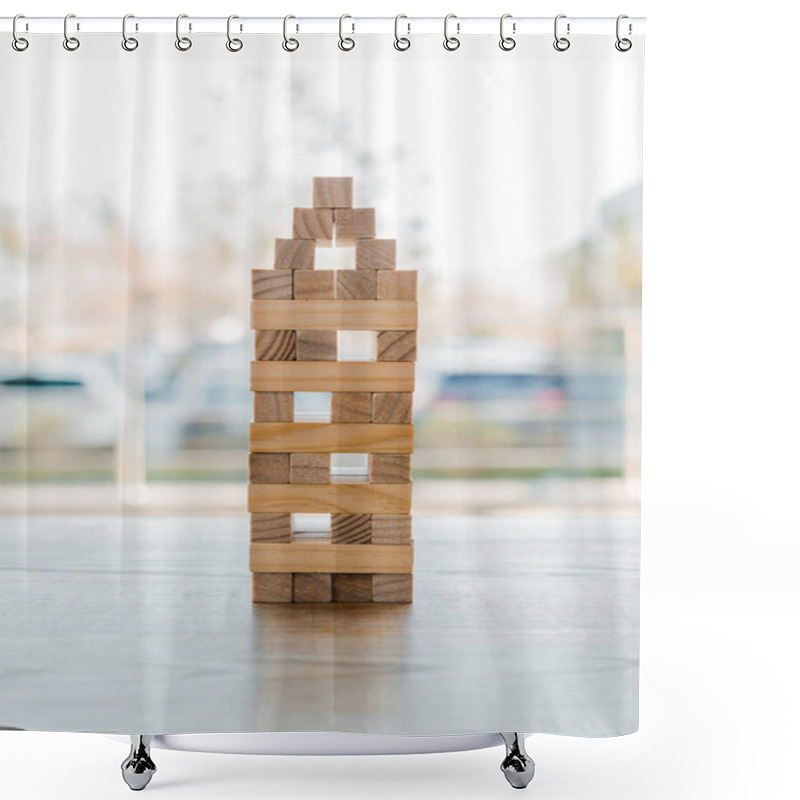 Personality  KYIV, UKRAINE - NOVEMBER 22, 2019:  Blocks Wood Tower Game On Wooden Desk  Shower Curtains