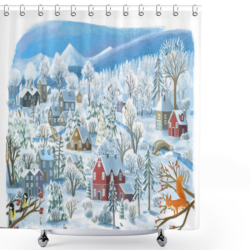 Personality  Cartoon Christmas Scene With City In The Winter With Some Wild Animals Near The Town Illustration For Kids Shower Curtains