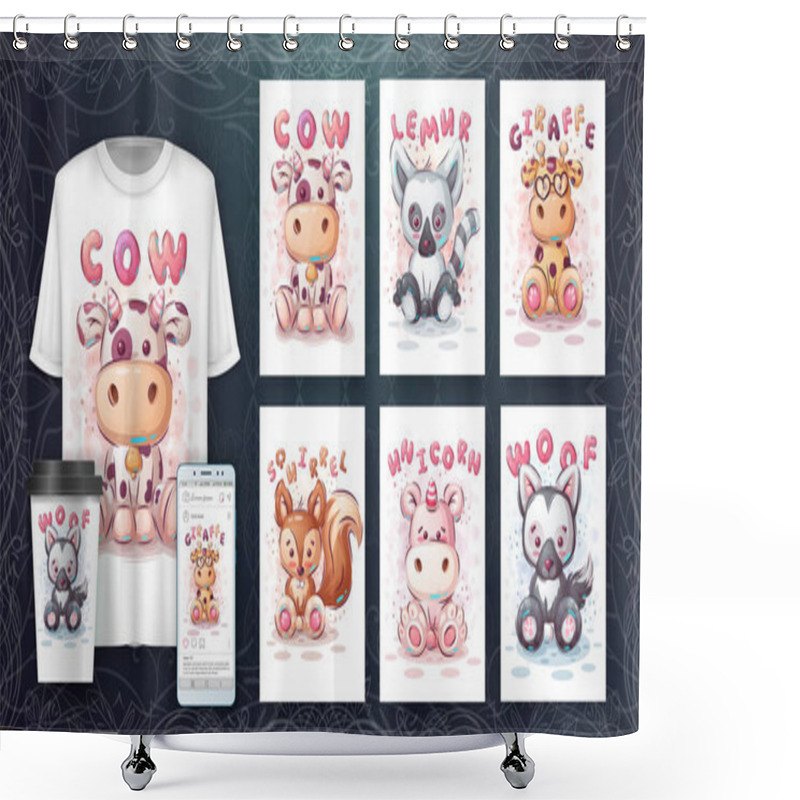 Personality  Cartoon Character Adorable Set Animals, Pretty Zoo Idea For Print T-shirt, Poster And Kids Envelope, Postcard. Cute Hand Drawn Style Animal. Vector Eps 10 Shower Curtains