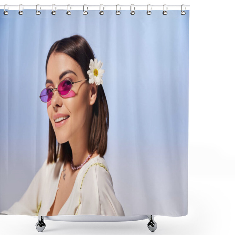 Personality  A Stylish Young Woman With Sunglasses And A Flower In Her Hair Strikes A Pose In A Studio Setting. Shower Curtains