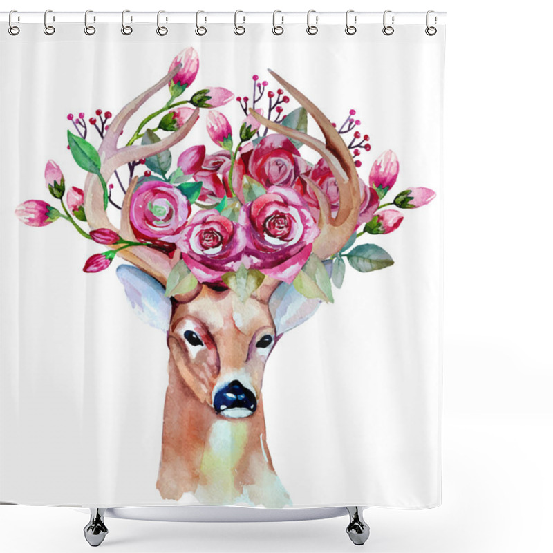 Personality  Hand Drawn Deer With Flowers Shower Curtains