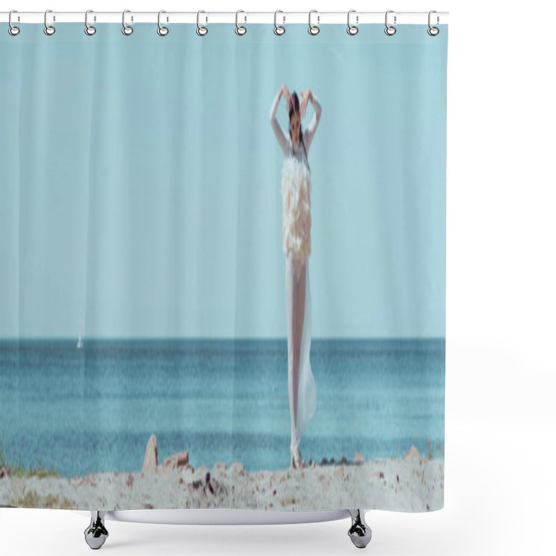 Personality  Panoramic View Of Elegant Woman In White Swan Costume Standing On Sandy Beach Shower Curtains