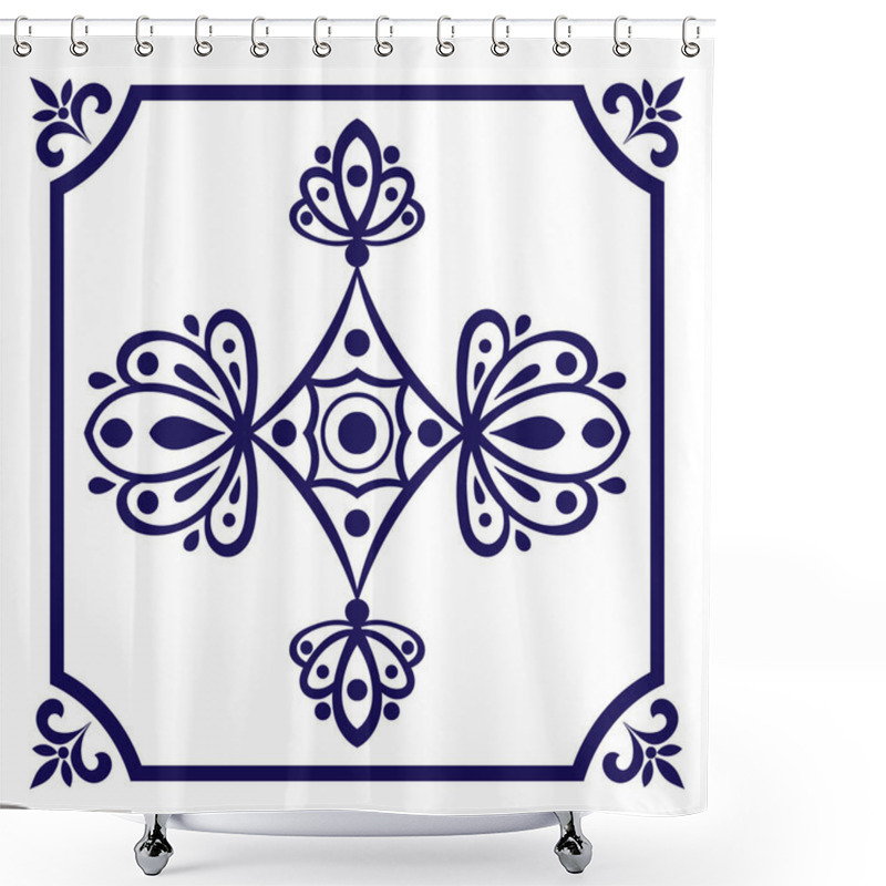 Personality  Delft Blue Tile Vector. Delft Dutch Tiles Pattern With Indigo Blue And White Ornaments. Shower Curtains