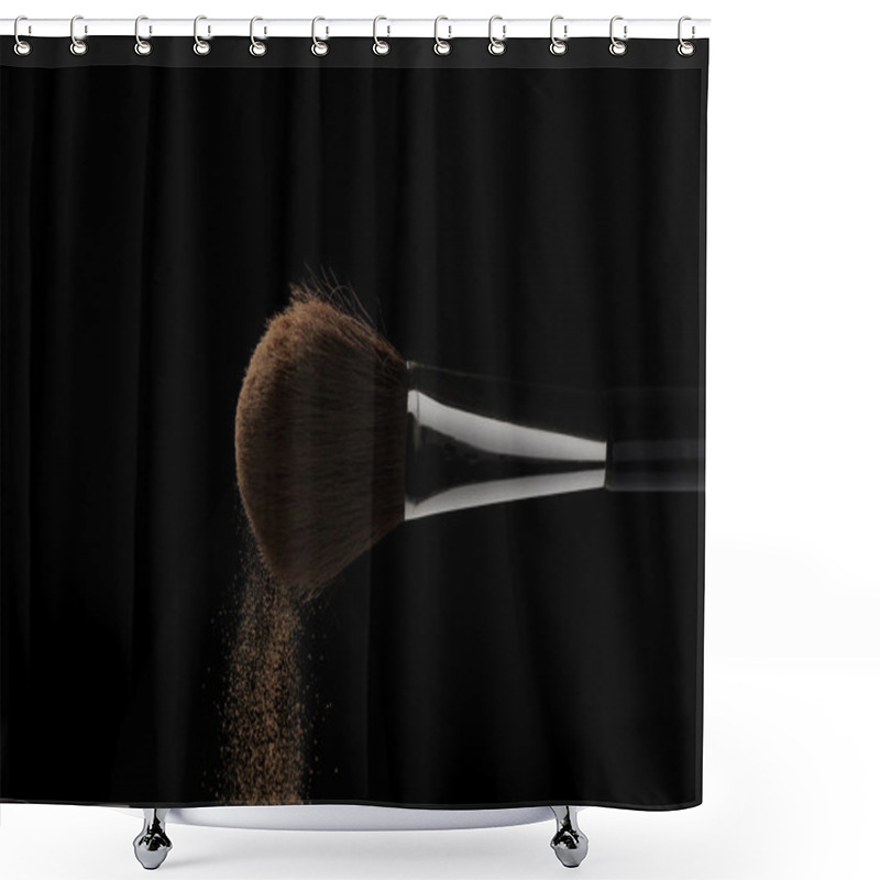 Personality  Horizontal Closeup Photo Of Makeup Brush With Beige Powder In Motion Isolated On Black Background. Shower Curtains