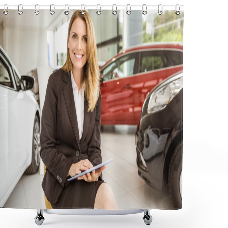 Personality  Smiling Saleswoman Writing On A Clipboard Shower Curtains