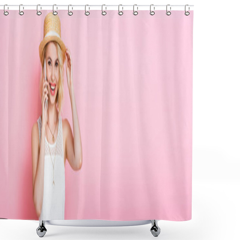 Personality  Panoramic Shot Of Woman In Straw Hat Talking On Smartphone On Pink  Shower Curtains