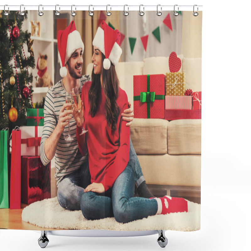 Personality  Happy Couple On Floor With Glasses. Shower Curtains