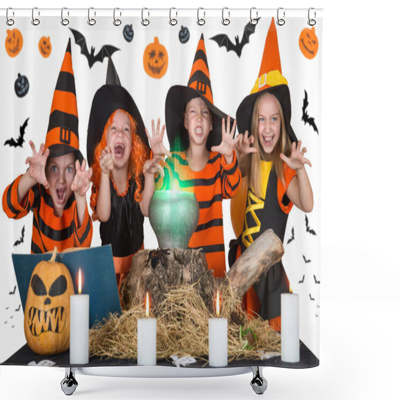 Personality  Halloween.The Children Of Witches And Wizards Cooking Potion In The Cauldron With Pumpkin And Spell Book. Shower Curtains