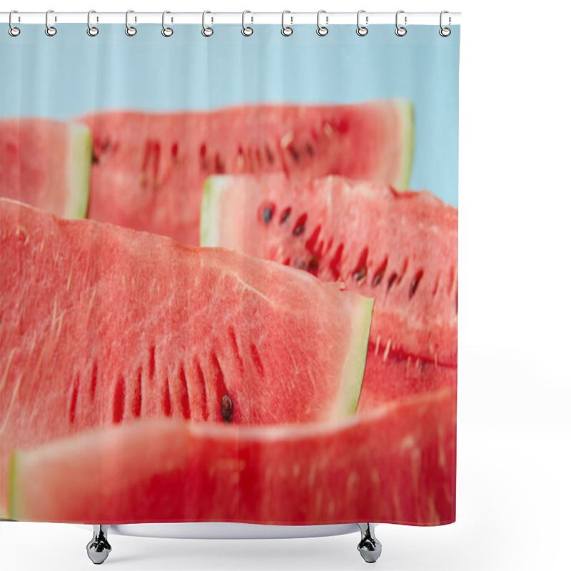 Personality  Close Up View Of Arranged Watermelon Slices On White Surface On Blue Backdrop Shower Curtains