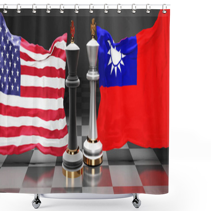 Personality  USA Taiwan Summit, Fight Or A Stand Off Between Those Two Countries That Aims At Solving Political Issues, Symbolized By A Chess Game With National Flags, 3d Illustration Shower Curtains