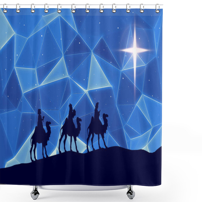 Personality  Christmas Greeting Card With Three Wise Men On Blue Background Shower Curtains