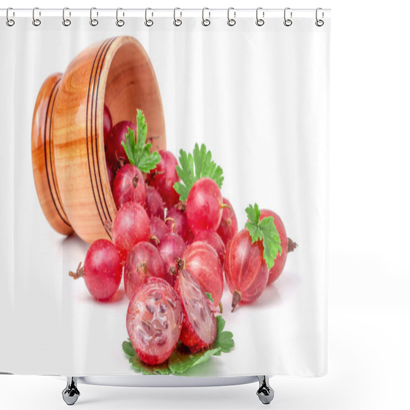 Personality  Red Gooseberries Spill Out Of Wooden Bowl Isolated On White Shower Curtains