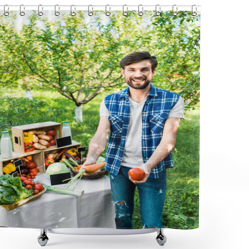 Personality  Handsome Smiling Farmer Showing Ripe Ecological Vegetables At Farmer Market Shower Curtains