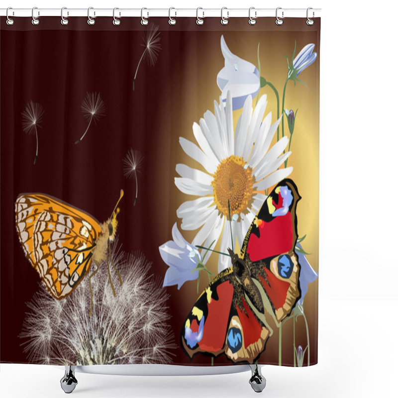 Personality  Two Butterflies And Dandelion On Dark Background Shower Curtains