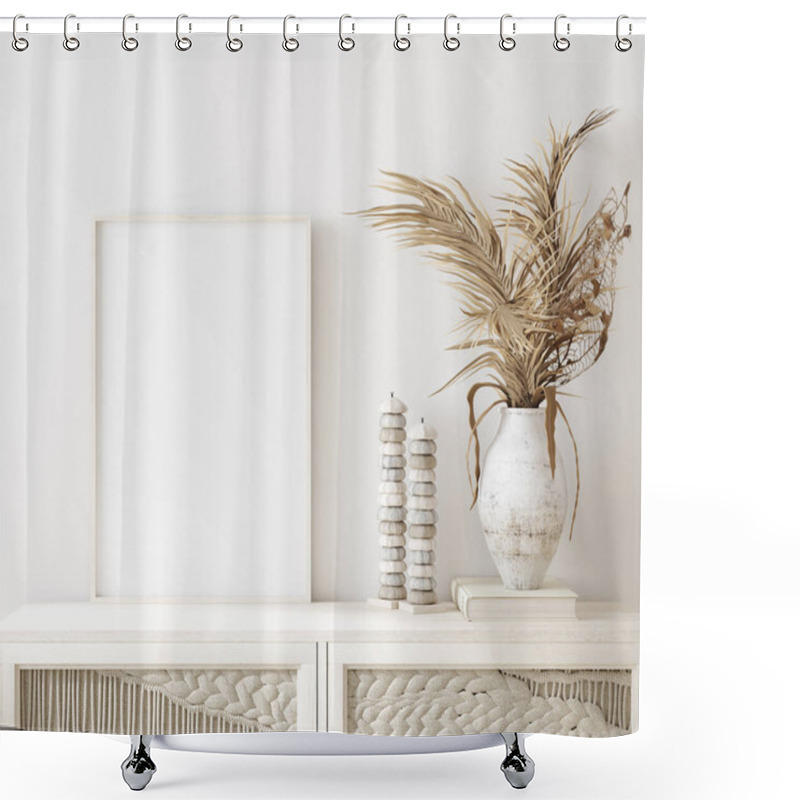 Personality  Mock Up Frame In Home Interior Background, White Room With Natural Wooden Furniture, Scandi-Boho Style, 3d Render Shower Curtains