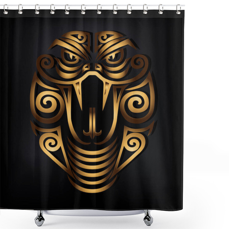 Personality  Golden Snake head isolated on black background. Stylized Maori face tattoo. Golden Cobra mask. Symbol of Chinese Horoscope by years. Vector illustration. shower curtains