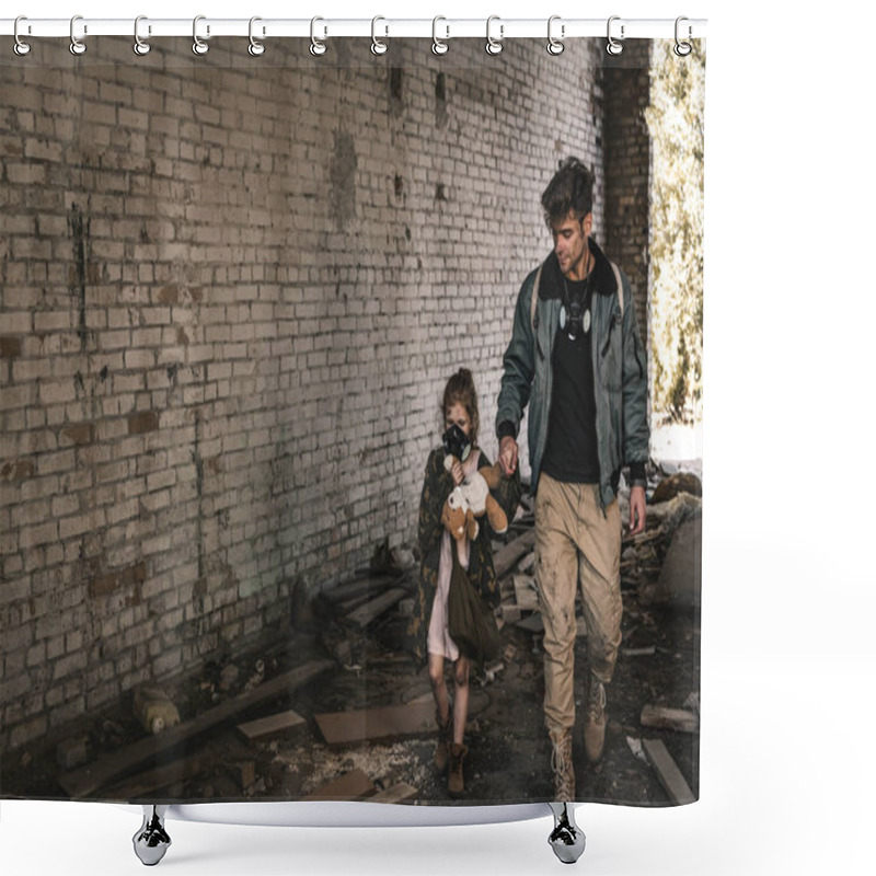 Personality  Man Holding Hands With Kid While Walking On Street In Chernobyl, Post Apocalyptic Concept Shower Curtains