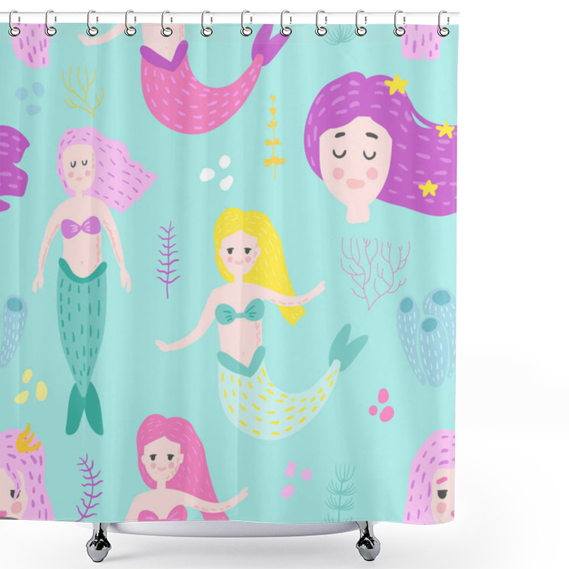 Personality  Mermaids Seamless Pattern In Childish Style. Kids Background With Cute Marine Girls And Abstract Elements For Fabric Textile, Wallpaper, Decoration. Vector Illustration Shower Curtains