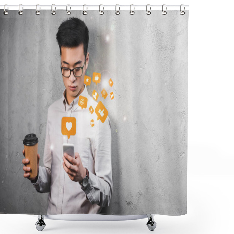 Personality  Asian Seo Manager Holding Paper Cup, Using Smartphone With Likes Illustration   Shower Curtains