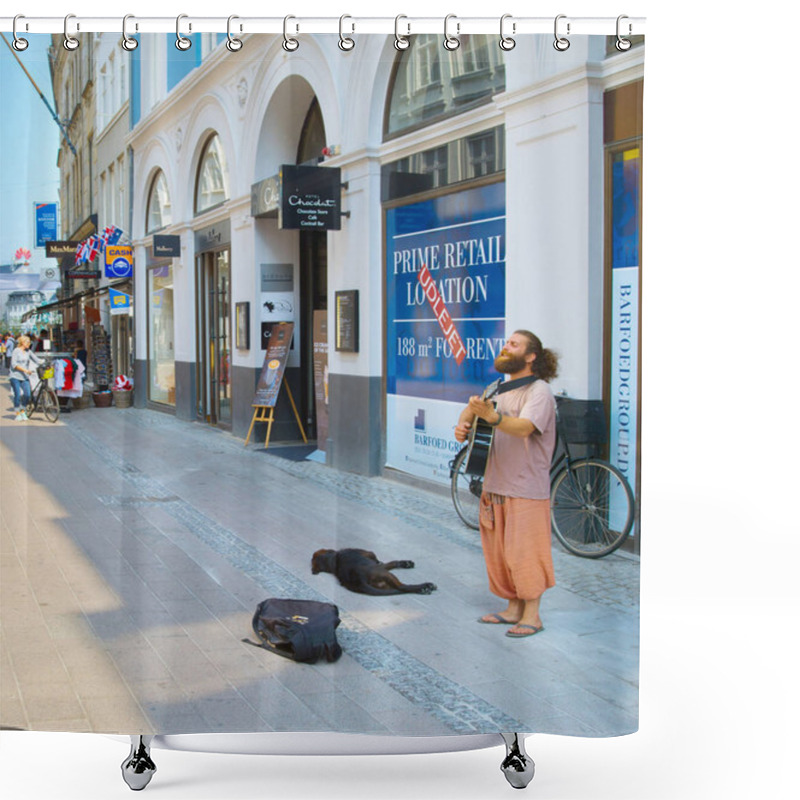 Personality  COPENHAGEN, DENMARK - JUNE 14, 2018: Street Musician Performing At Shopping Street. Shower Curtains