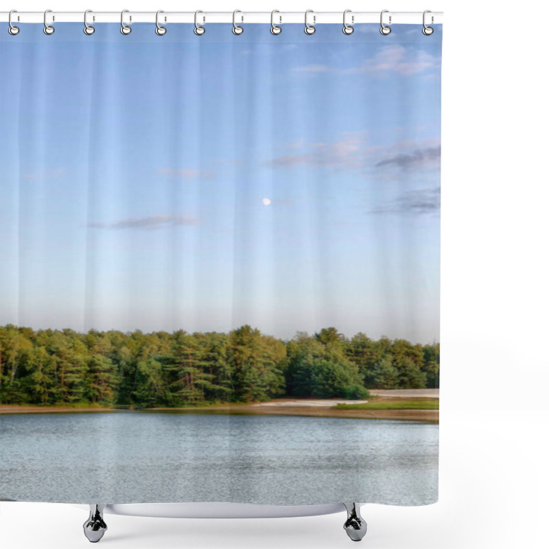 Personality  The Image Showcases A Tranquil Lake With A Gentle Ripple On The Water Surface, Reflecting The Waning Light Of Dusk. A Dense Forest Of Coniferous Trees Forms A Dark Green Band That Separates The Lake Shower Curtains