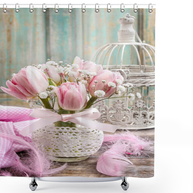 Personality  Romantic Bouquet Of Pink Tulips And Gypsophilia Paniculata  Shower Curtains