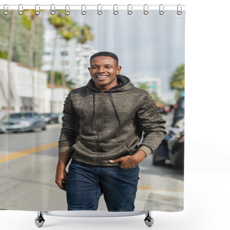 Personality  Happy African American Man In Hoodie And Jeans Walking With Hand In Pocket On Street In Miami  Shower Curtains