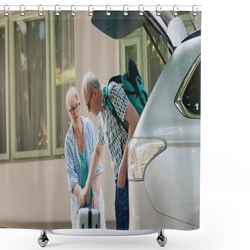 Personality  Elder People Loading Vehicle With Baggage And Trolleys While Going On Marriage Anniversary Citybreak. Senior Couple Going On Retirement Holiday Vacation While Putting Voyage Luggage Inside Car Trunk Shower Curtains