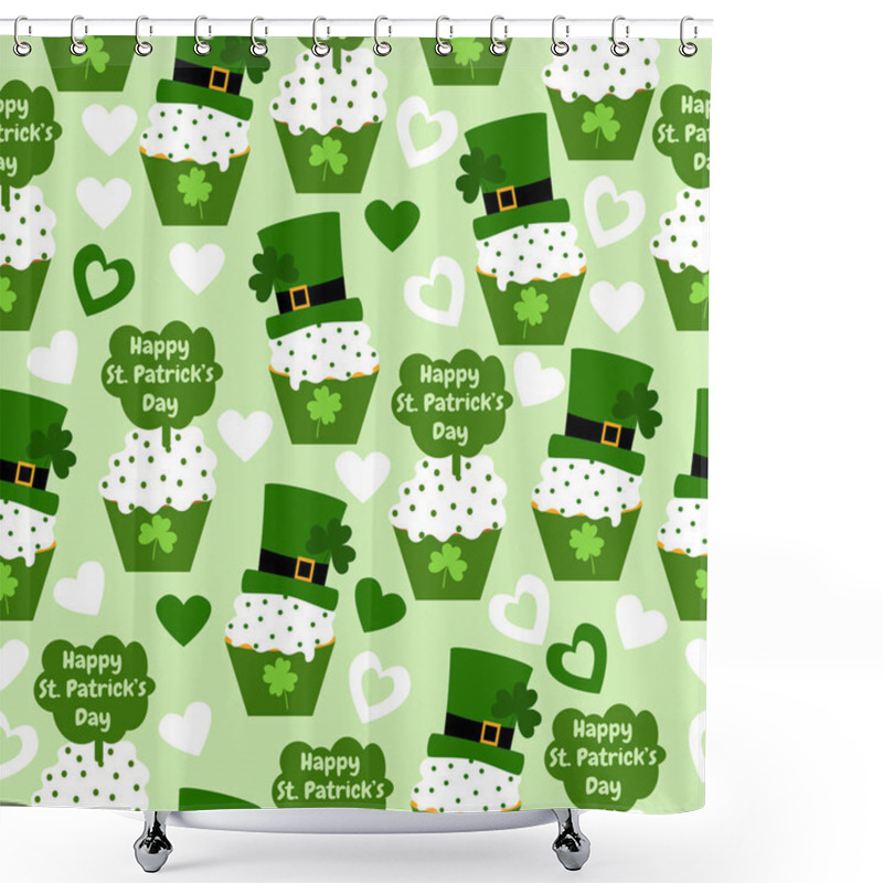 Personality  Happy St. Patrick's Day. Holiday Seamless Pattern With Cupcakes, Hats, Clover And Hearts. Sweet Background. EPS10 Vector File Organized In Layers For Easy Editing. Shower Curtains