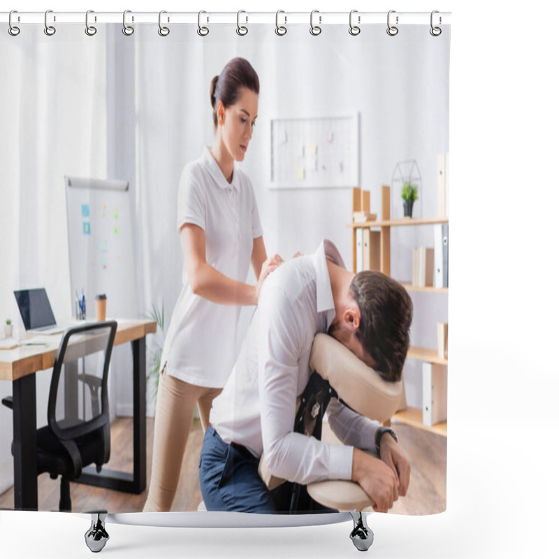 Personality  Masseuse Doing Seated Massage Of Businessman Back In Office Shower Curtains