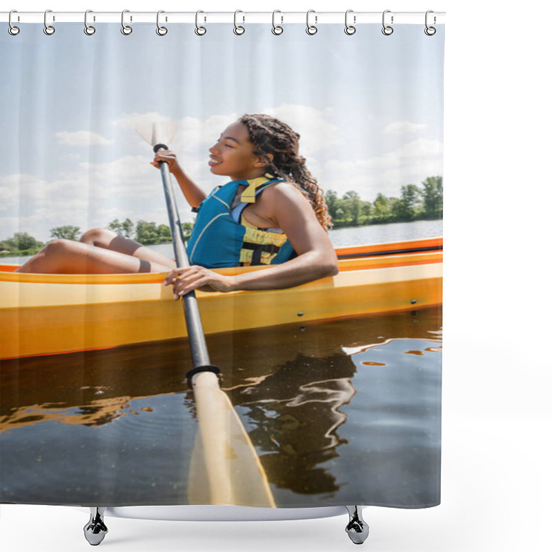 Personality  Side View Of Brunette And Appealing African American Woman In Life Vest Holding Paddle And Sailing In Sportive Kayak During Water Recreation In Summer Shower Curtains