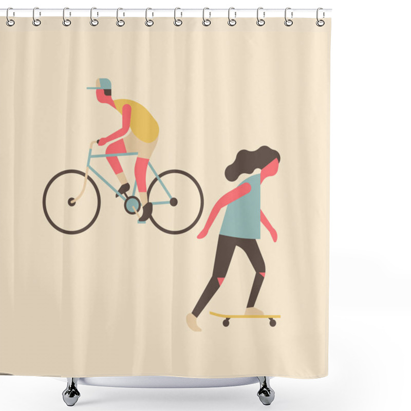 Personality  Minimal Composition Of Abstract Characters Riding Bicycle And Skate. City Skater And Cyclist Concept Vector Illustration. Urban Outdoors Activities Shower Curtains