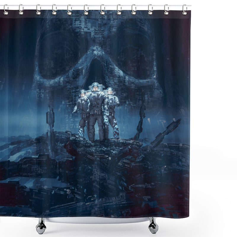 Personality  Planet Of Doom / 3D Illustration Of Group Of Astronauts Standing In Hostile Alien Environment In Front Of Skull Statue Shower Curtains