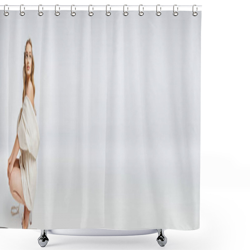 Personality  A Young, Blonde Woman Poses Gracefully In A White Dress In A Studio Setting. Shower Curtains