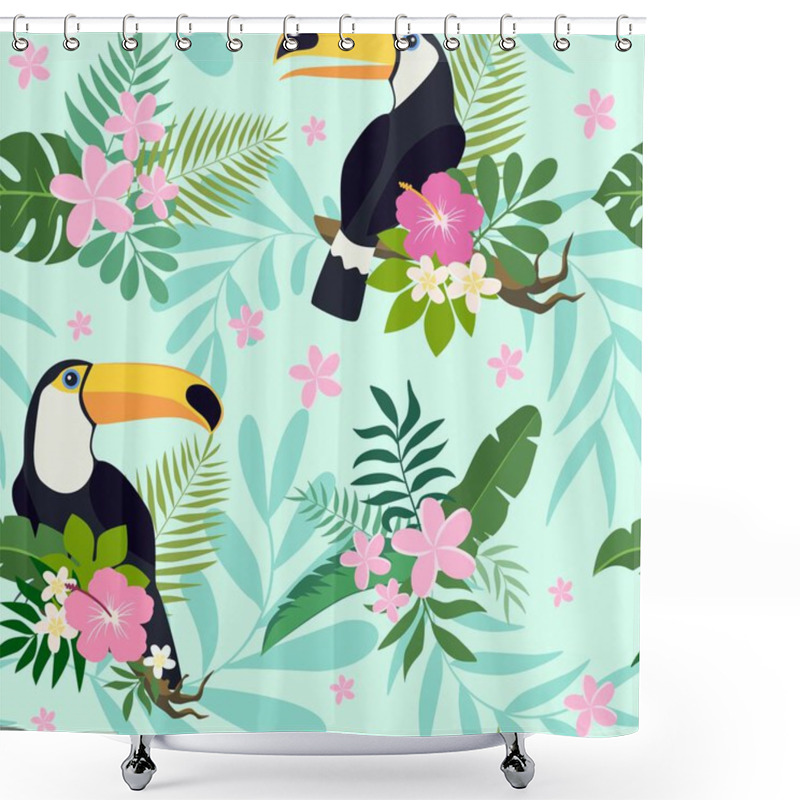 Personality  Vector Seamless Pattern With Toucan Birds On Tropical Branches With Leaves And Flowers Shower Curtains