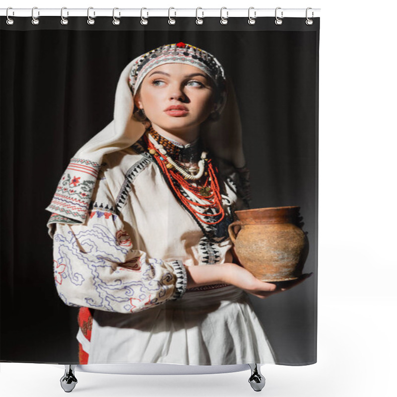 Personality  Portrait Of Pretty Ukrainian Woman In Traditional Clothing With Ornament Holding Clay Pot On Black Shower Curtains