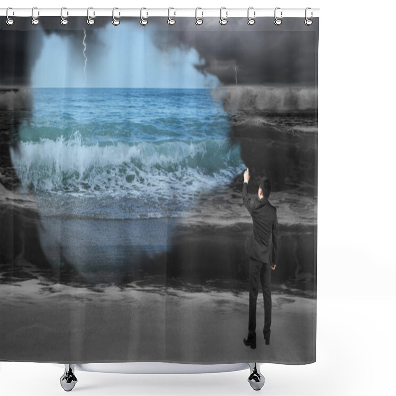 Personality  Businessman Spraying Calm Sea Paint Covered Dark Stormy Ocean Shower Curtains